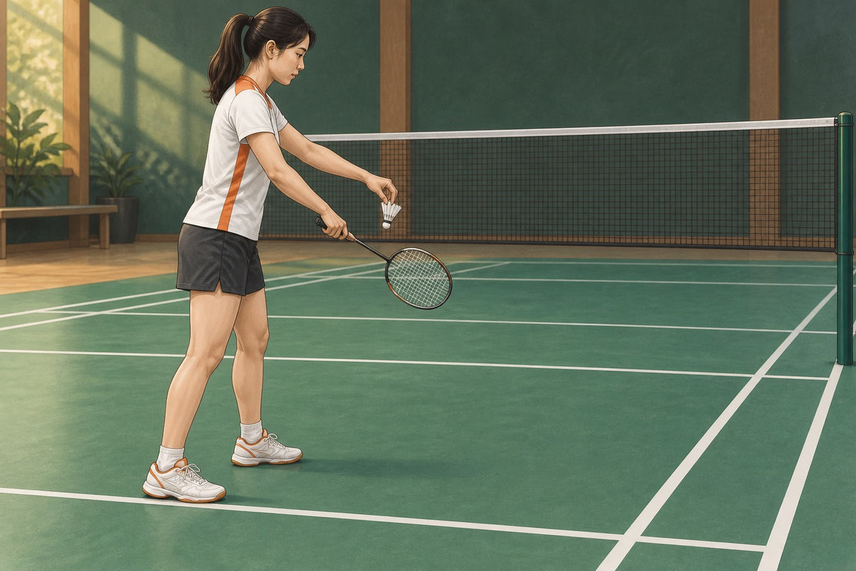 A player prepares a short serve with the shuttle, racket and court lines clearly visible.