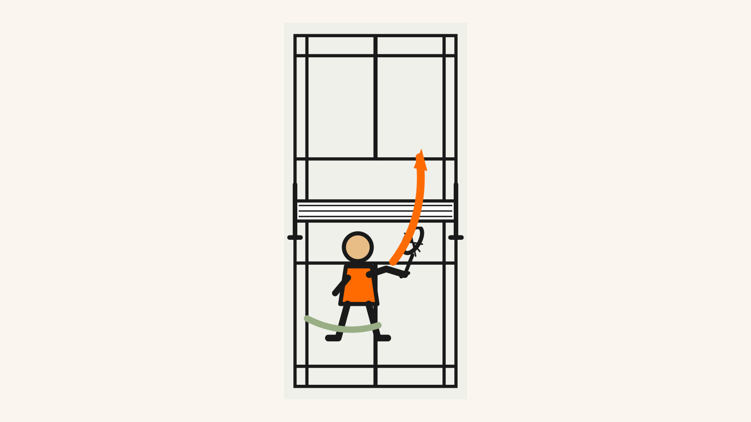 Une seule personne qui joue au badminton répète un déplacement complet sur un terrain intérieur et un mouvement à vide sans volant en jeu.