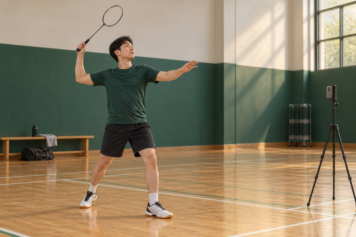 A player rehearses an overhead shape slowly while a side-view phone records one observation cue.