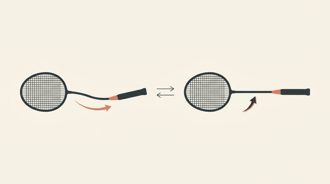 Illustration of stiff and flexible badminton racket shafts on a Canadian indoor court