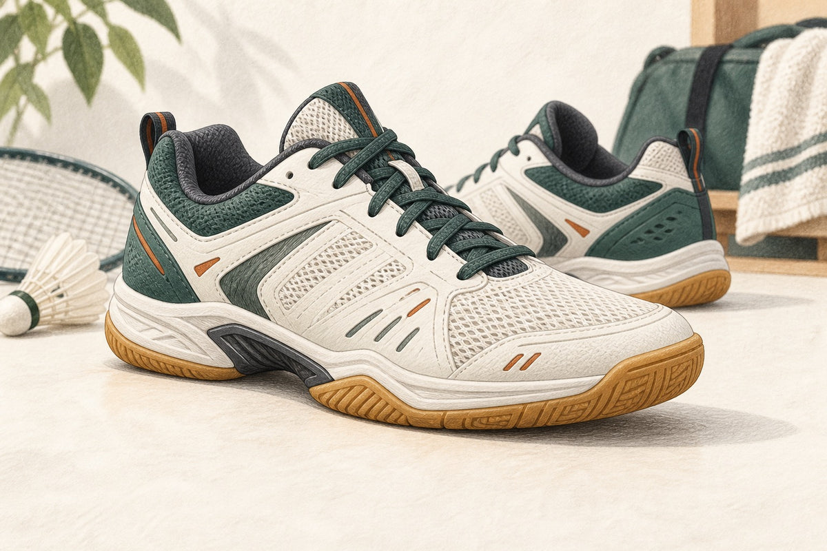 A court shoe combines forefoot flex, midfoot structure and cushioning as separate design features