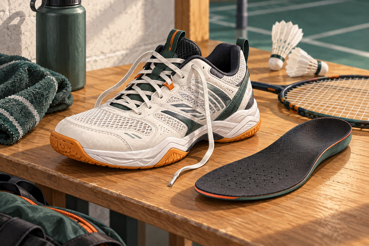 Editorial illustration of an open badminton shoe for a fit discussion.