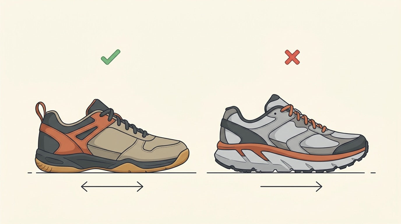 Badminton court shoe and running shoe compared on an indoor court with a racket and shuttlecock.