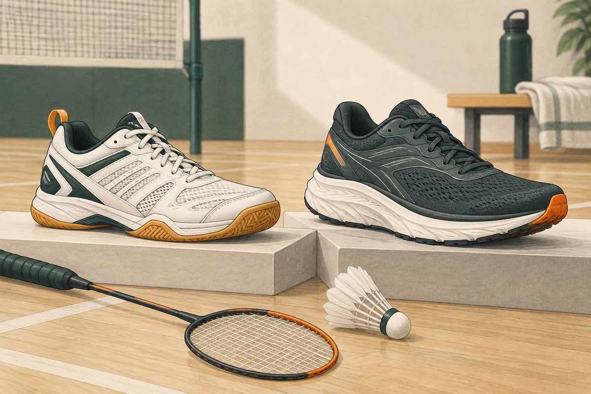 Editorial indoor court shoe and running shoe comparison.