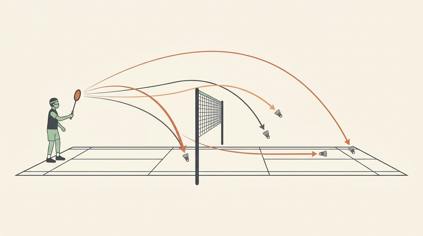 Illustration of a badminton player with multiple shuttle trajectories showing different shot types on an indoor court