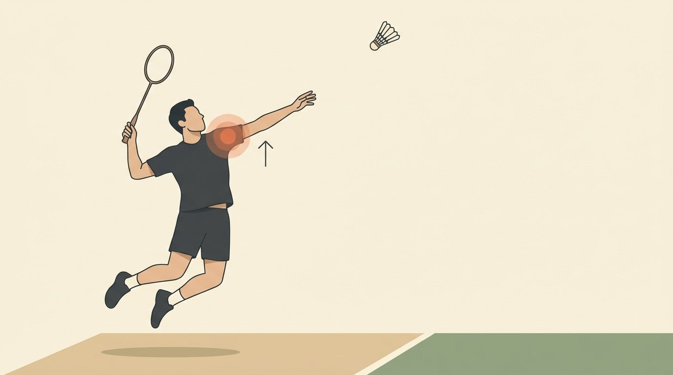 Illustration of a badminton player holding their shoulder beside two rackets on a warm green indoor court