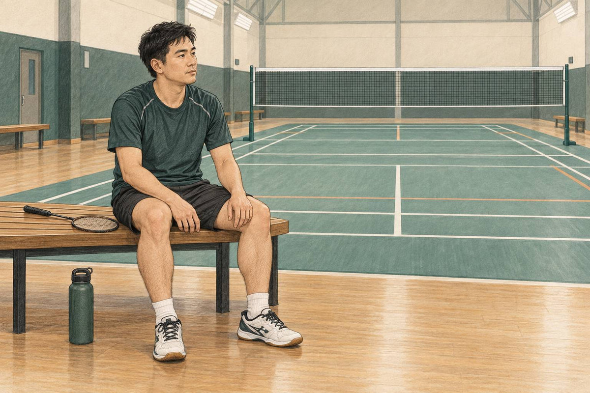 Editorial illustration of one badminton player resting on a bench with both hands on their thighs and the racket set aside.