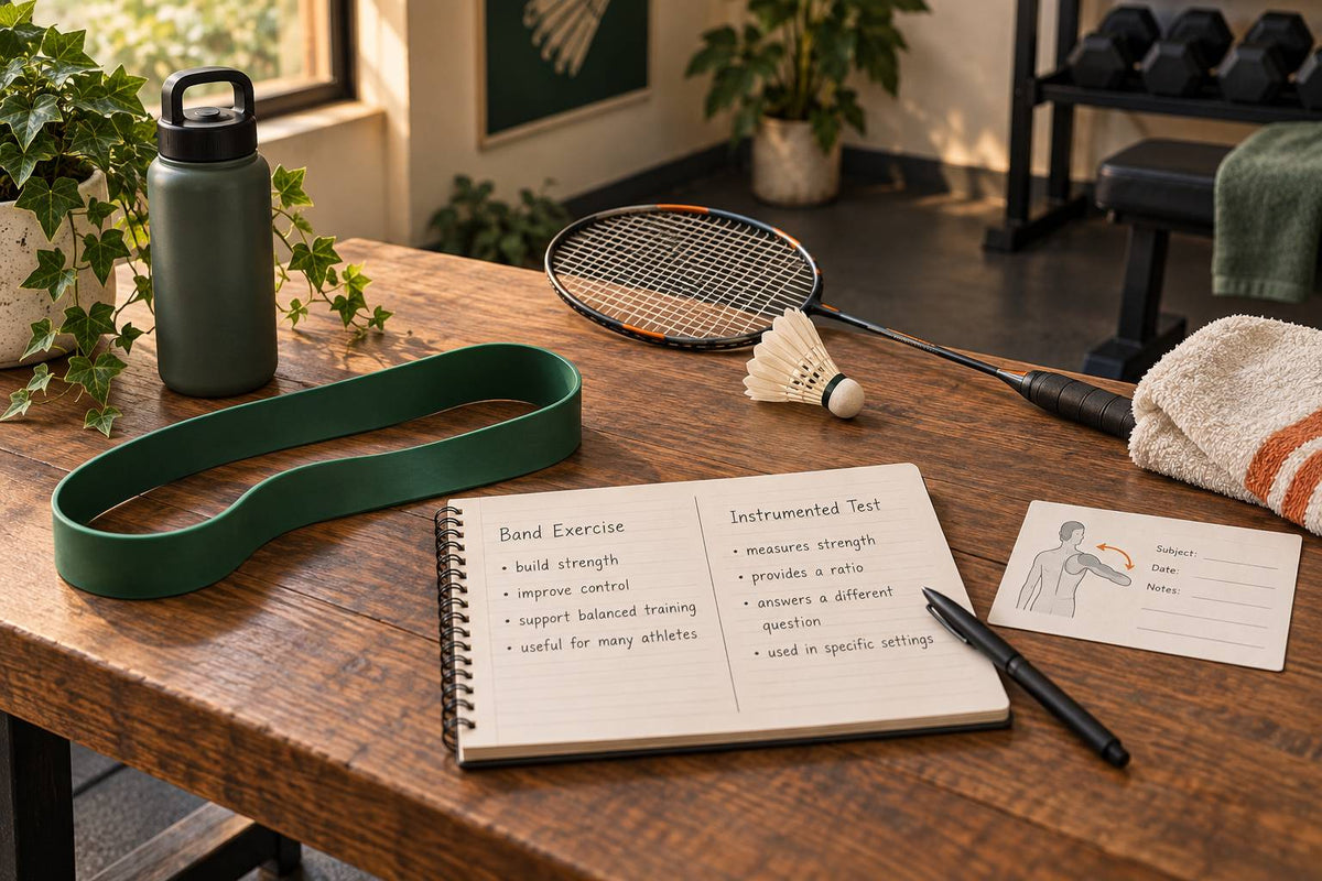 A resistance band and separate study record introduce the distinction between general shoulder work and an instrumented ratio.