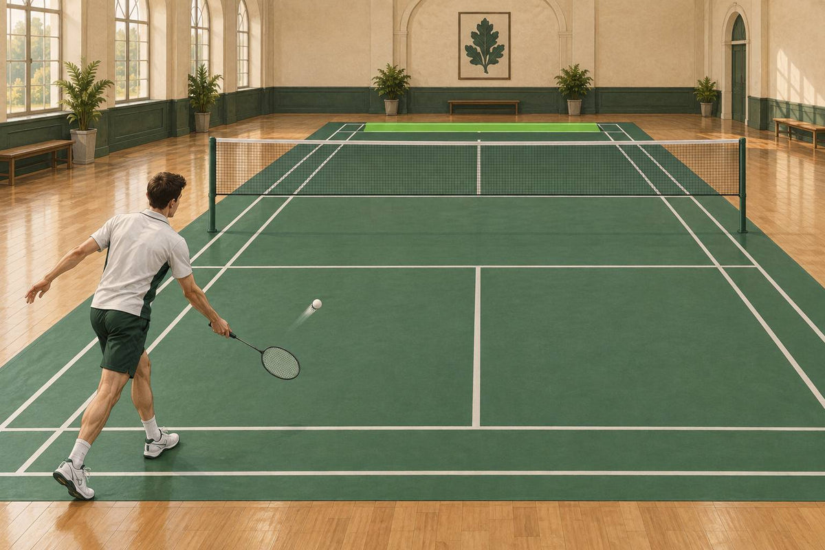A full underhand hit from above the back boundary sends the shuttle straight along the court for a speed test.
