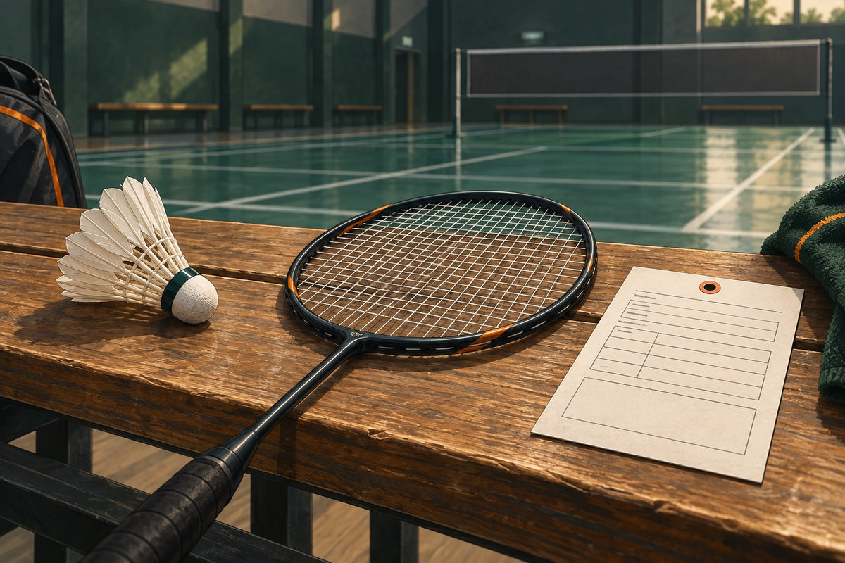 Editorial illustration of a shuttlecock, racket strings and stringing job card.