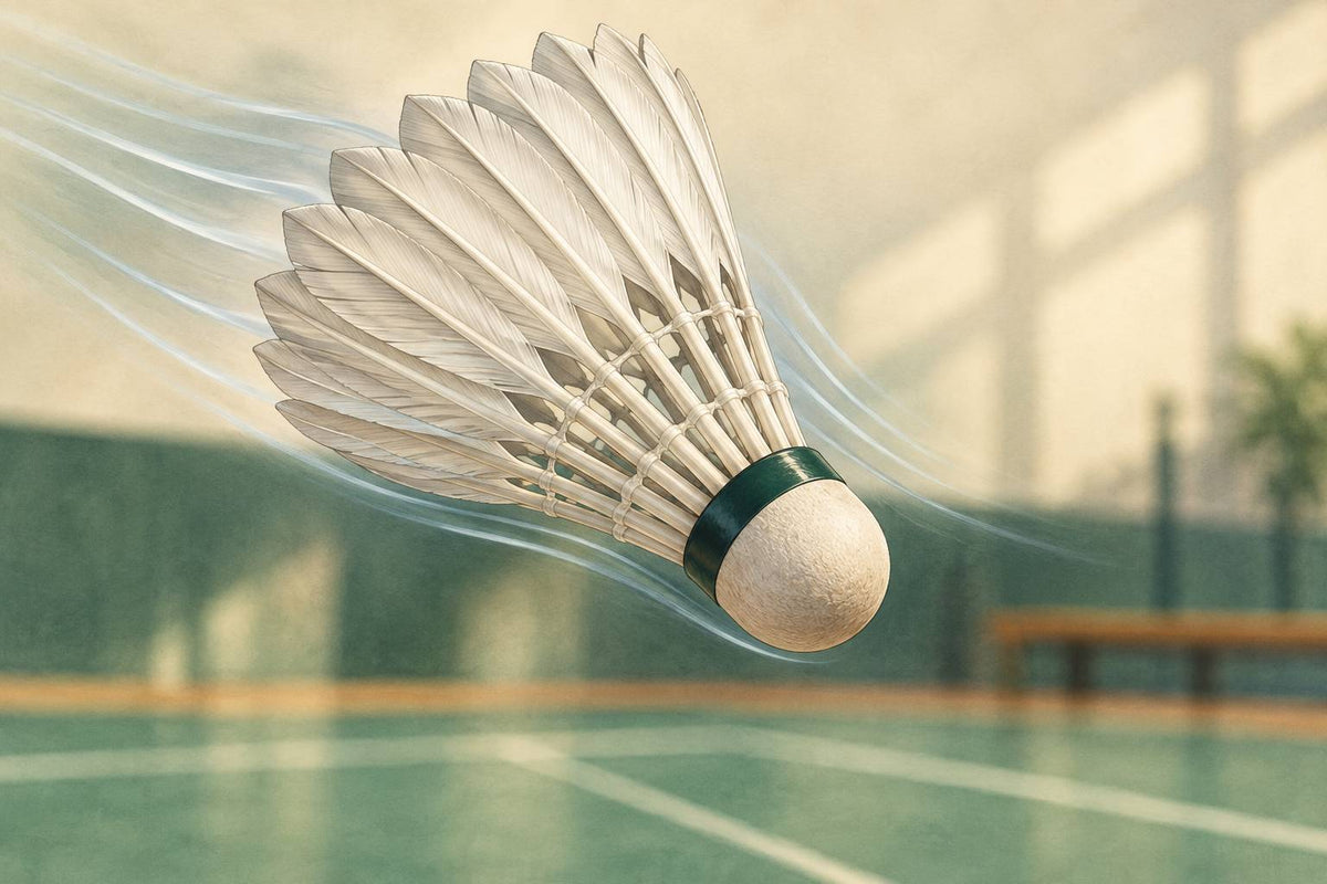 Editorial feather shuttle aligned cork-first with a subtle airflow trail.