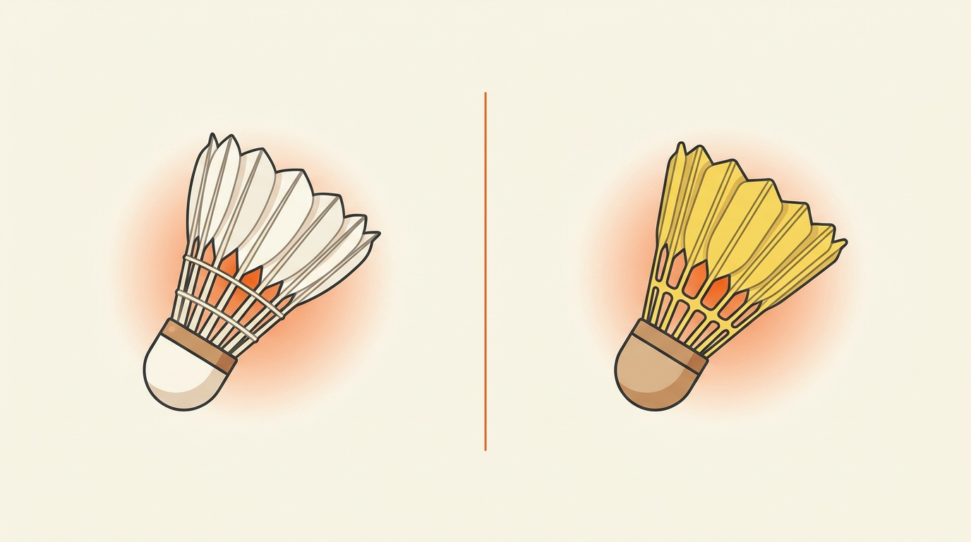 Feather and nylon badminton shuttlecocks beside a racket on an indoor court.