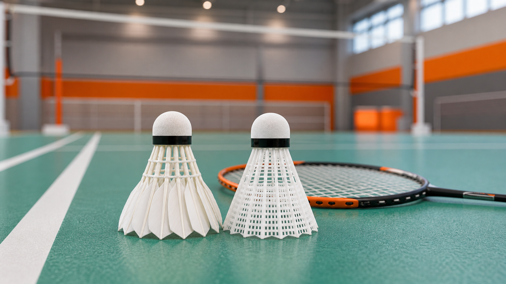 Feather and nylon badminton shuttlecocks beside a racket on an indoor court.