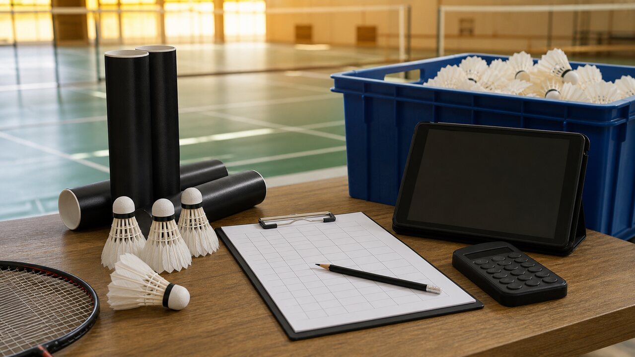 Feather shuttlecock tubes, calculator, blank worksheet, pencil, and racket on a club office table beside an indoor court.