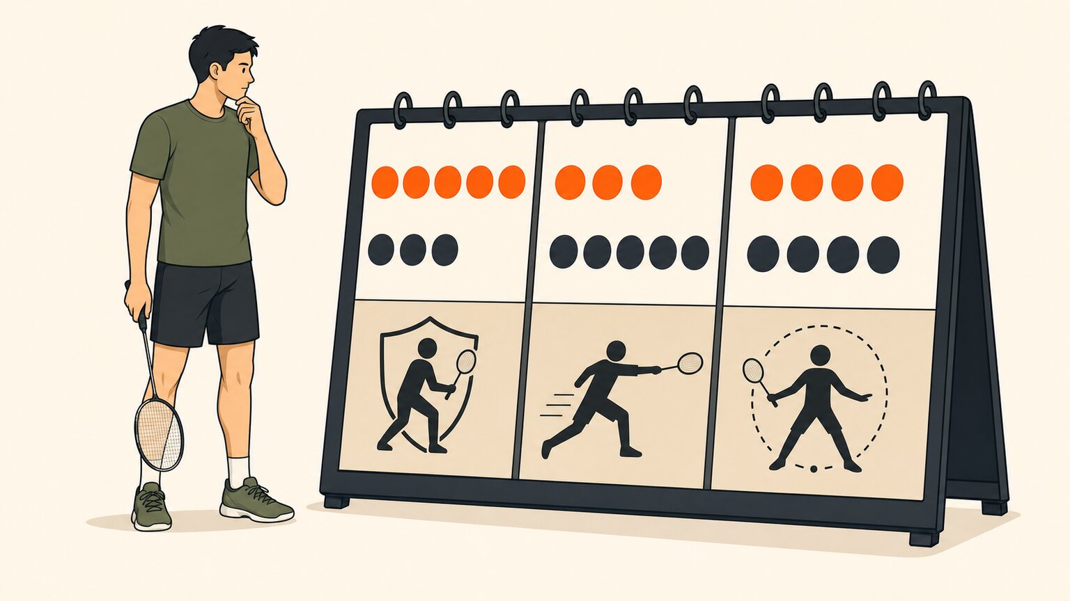 Badminton player considering a physical scoreboard with leading, trailing, and tied score states shown by unequal and equal markers
