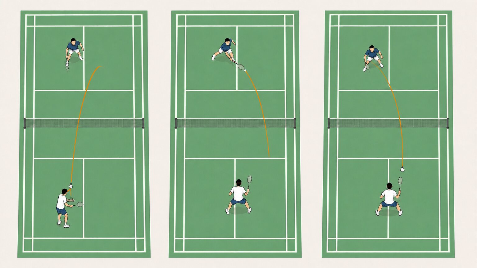 Top-down three-panel singles sequence showing an underhand serve, receiver return, and server recovery on correctly marked badminton courts