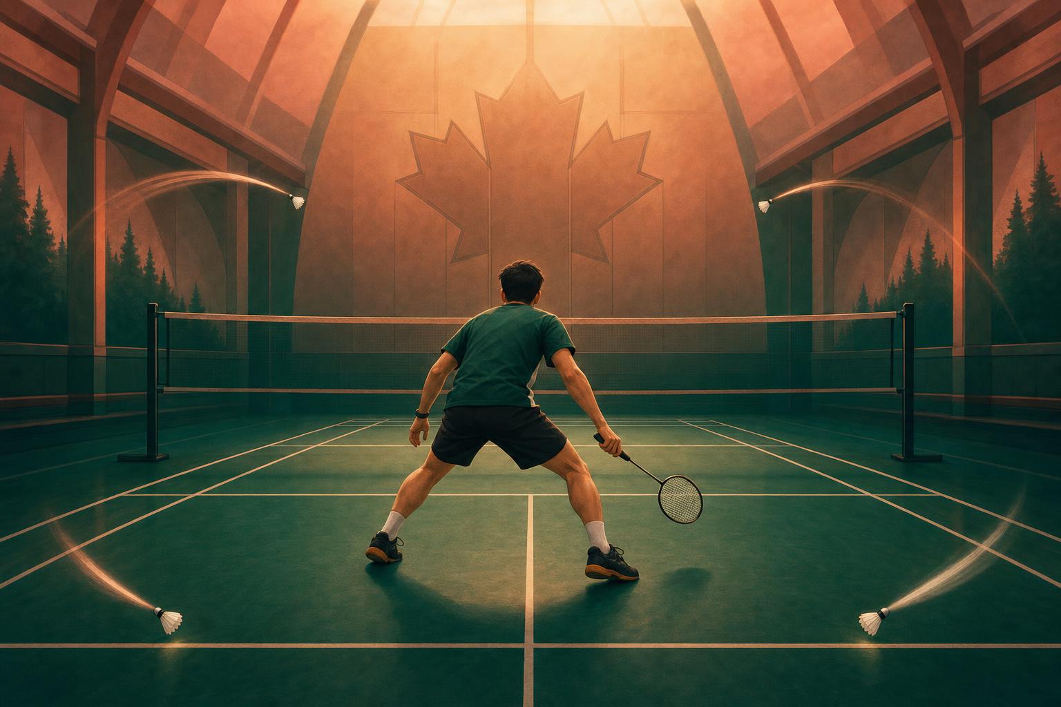 Illustration of a singles badminton player recovering to the centre of the court with shuttle paths reaching the four corners.