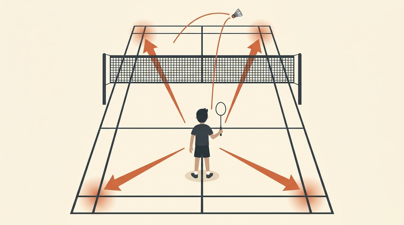 Illustration of a singles badminton player recovering to the centre of the court with shuttle paths reaching the four corners.