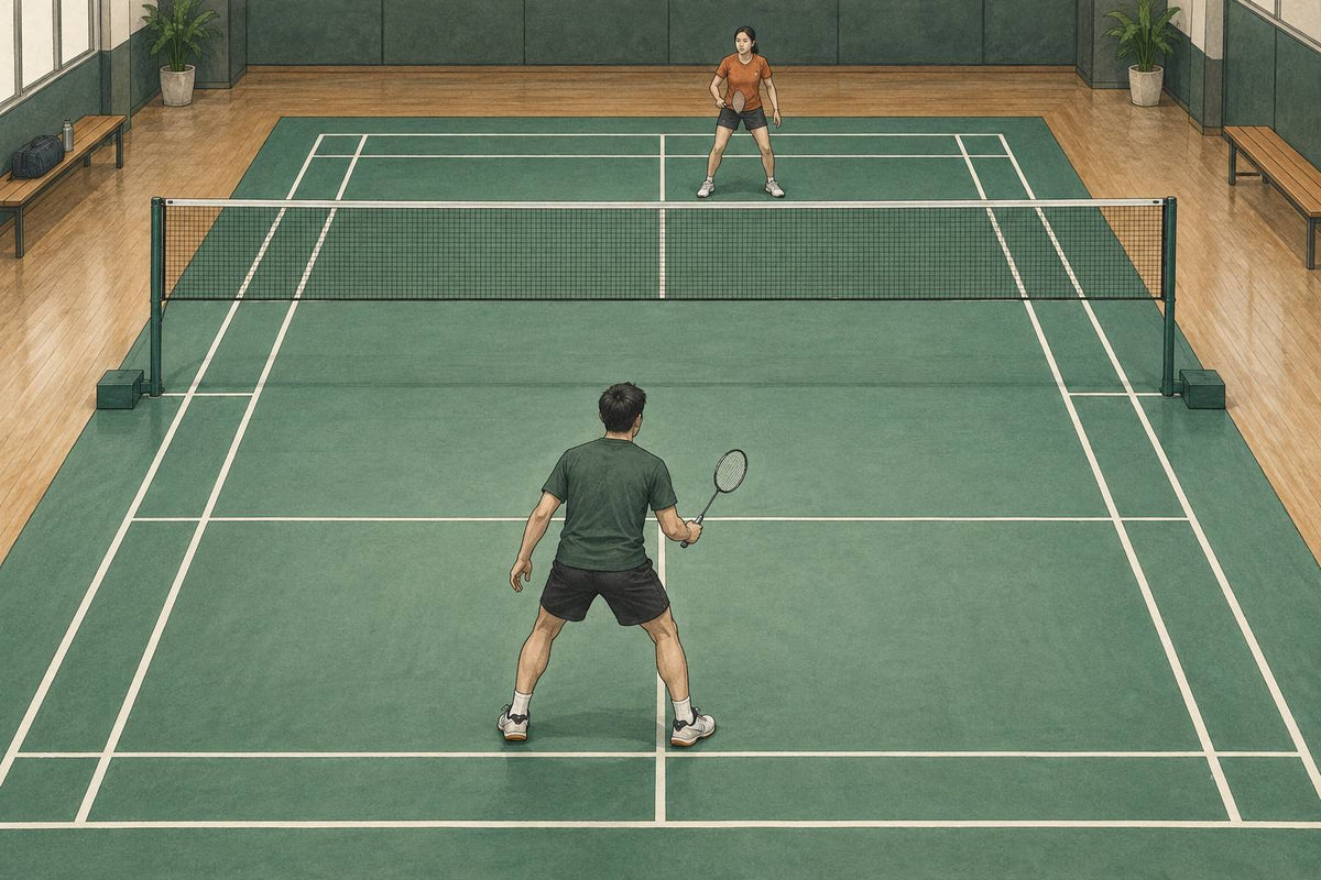 Editorial illustration of two recreational singles players ready on opposite sides of a badminton net.