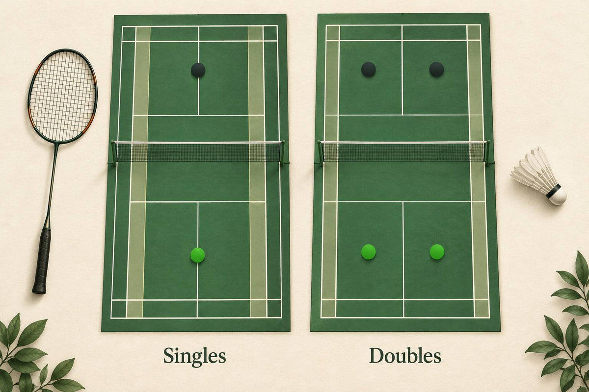 Singles covers a narrow court alone, while doubles shares the wider court with a partner.
