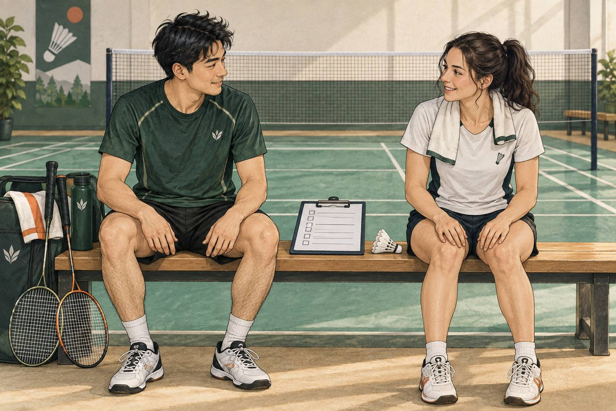 Illustration de deux partenaires de badminton consultant une fiche d’évaluation locale.