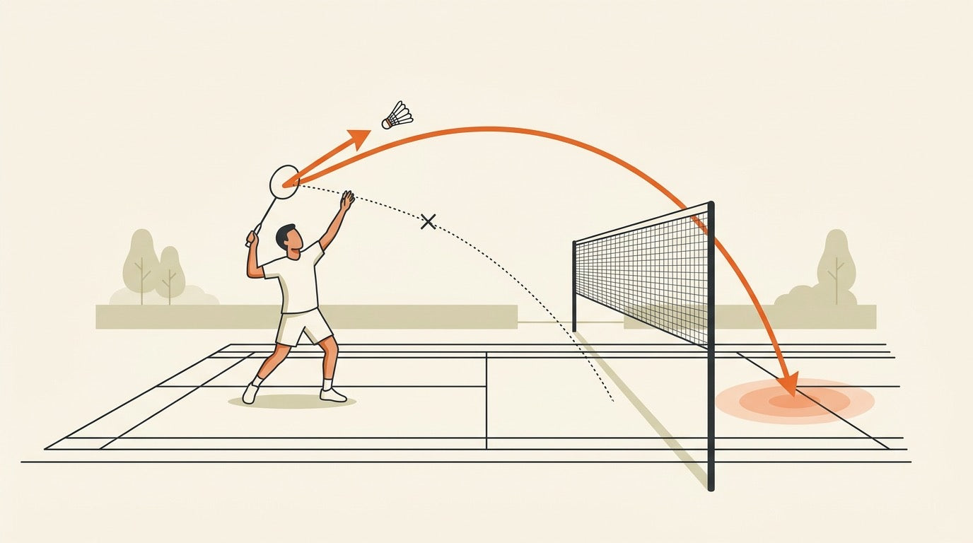 Illustration of a badminton player disguising a slice drop shot from a full overhead preparation on an indoor court