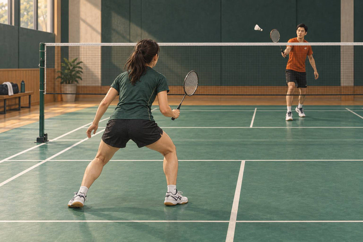 A compact split-step landing prepares the player to move as the opponent’s shot becomes readable.