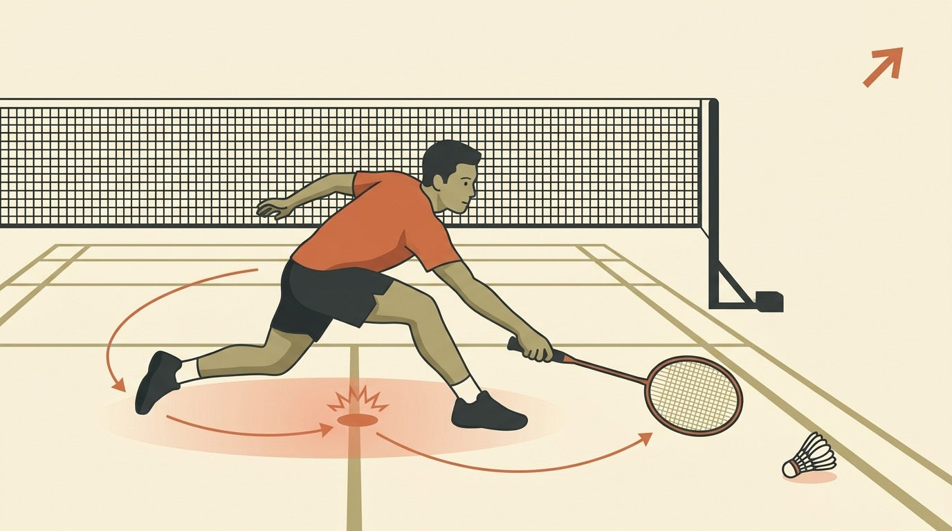 Illustrated badminton player doing shadow footwork conditioning on an indoor court