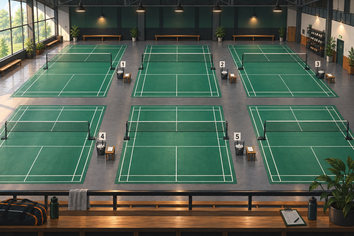 Six separate court stations are prepared for a shared training theme and a fixed rotation.