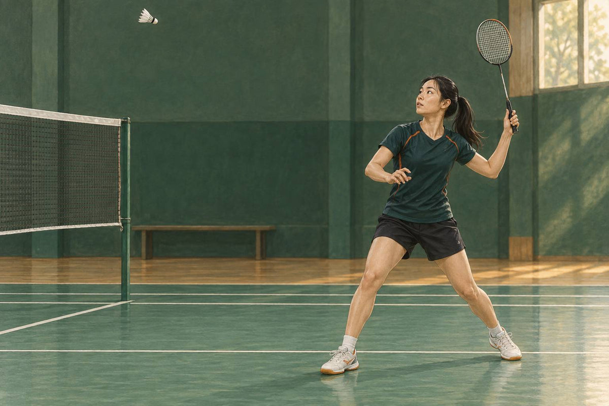 Turning side-on helps a player travel toward the rear corner while tracking the shuttle.