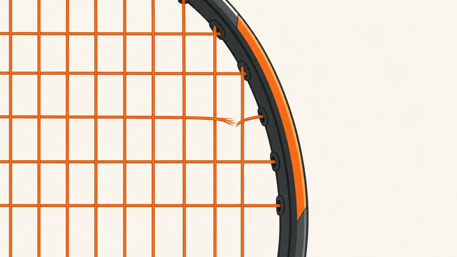 Flat-vector close-up of a badminton string snapped near a frame-edge grommet
