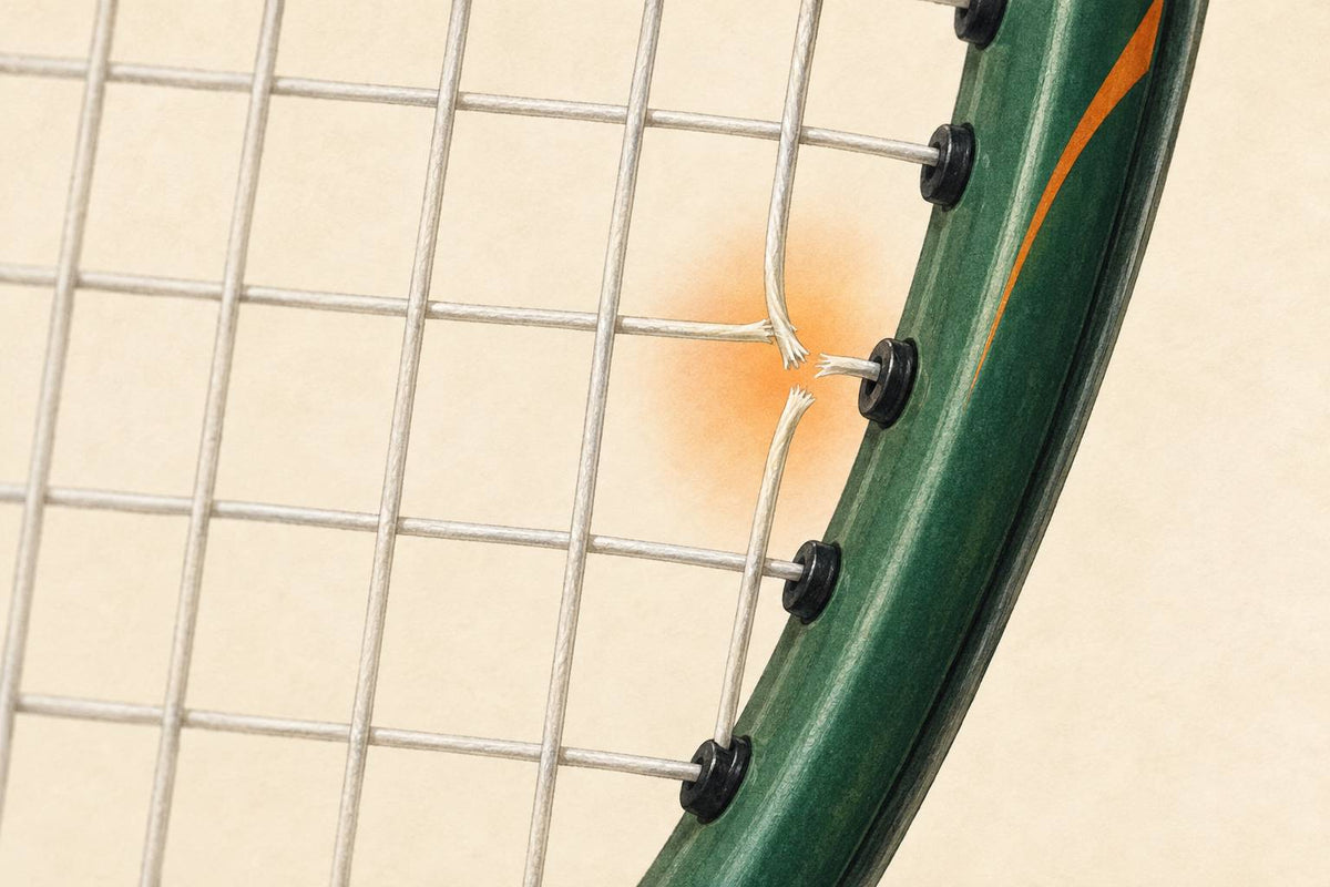 A string break near the frame calls for a close look at the surrounding grommet and wear.
