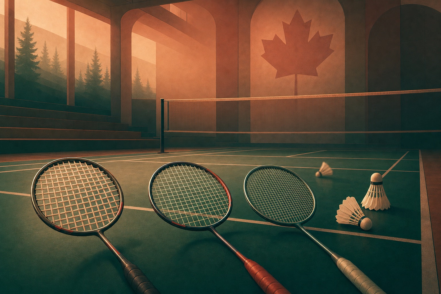 Illustrated badminton rackets with different string beds on a warm Canadian court
