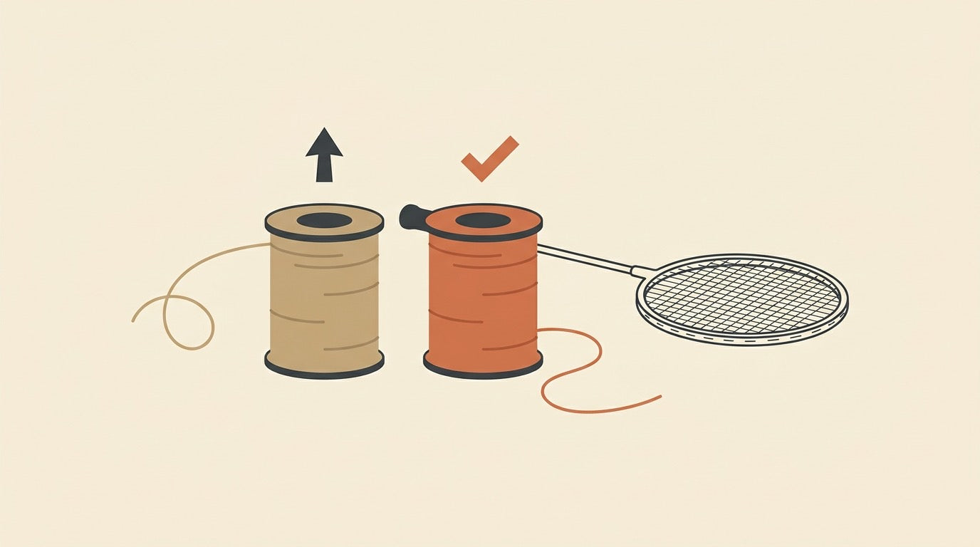 Illustrated badminton rackets with different string beds on a warm Canadian court