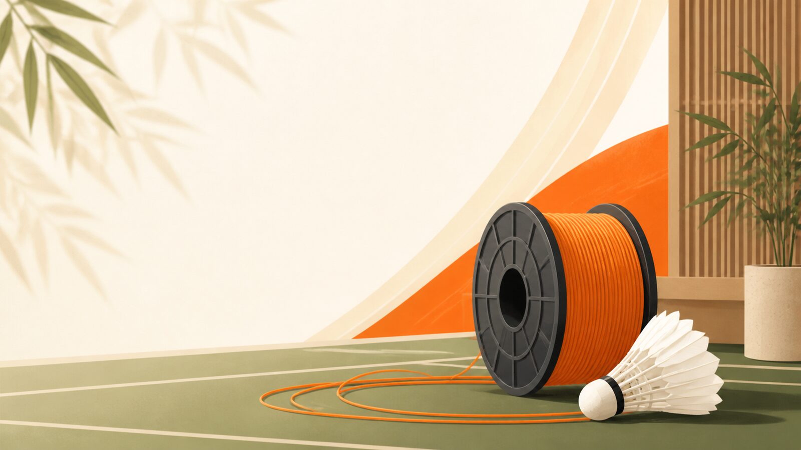 Illustration à plat d’une bobine de cordage de badminton et d’un volant sur un terrain intérieur