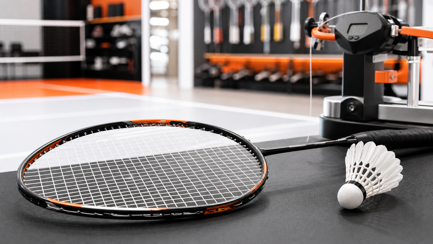 Close-up badminton racket strings, shuttlecock, and stringing tools for a string tension guide.