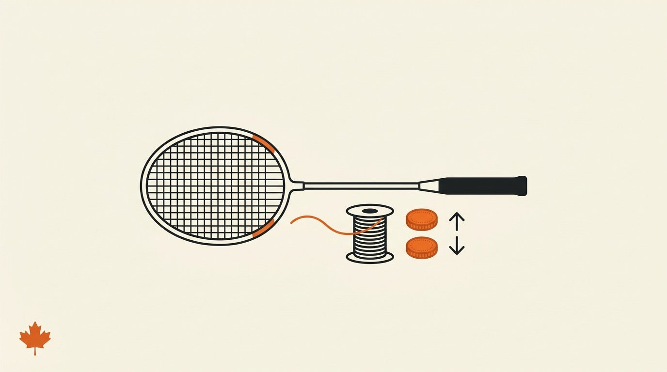 Illustration of a badminton racket being prepared for restringing on a warm indoor court