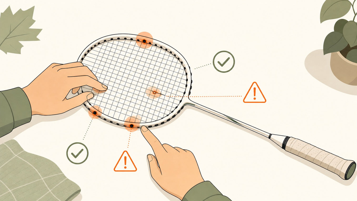 Flat vector illustration of a badminton racket string bed being inspected after a restring