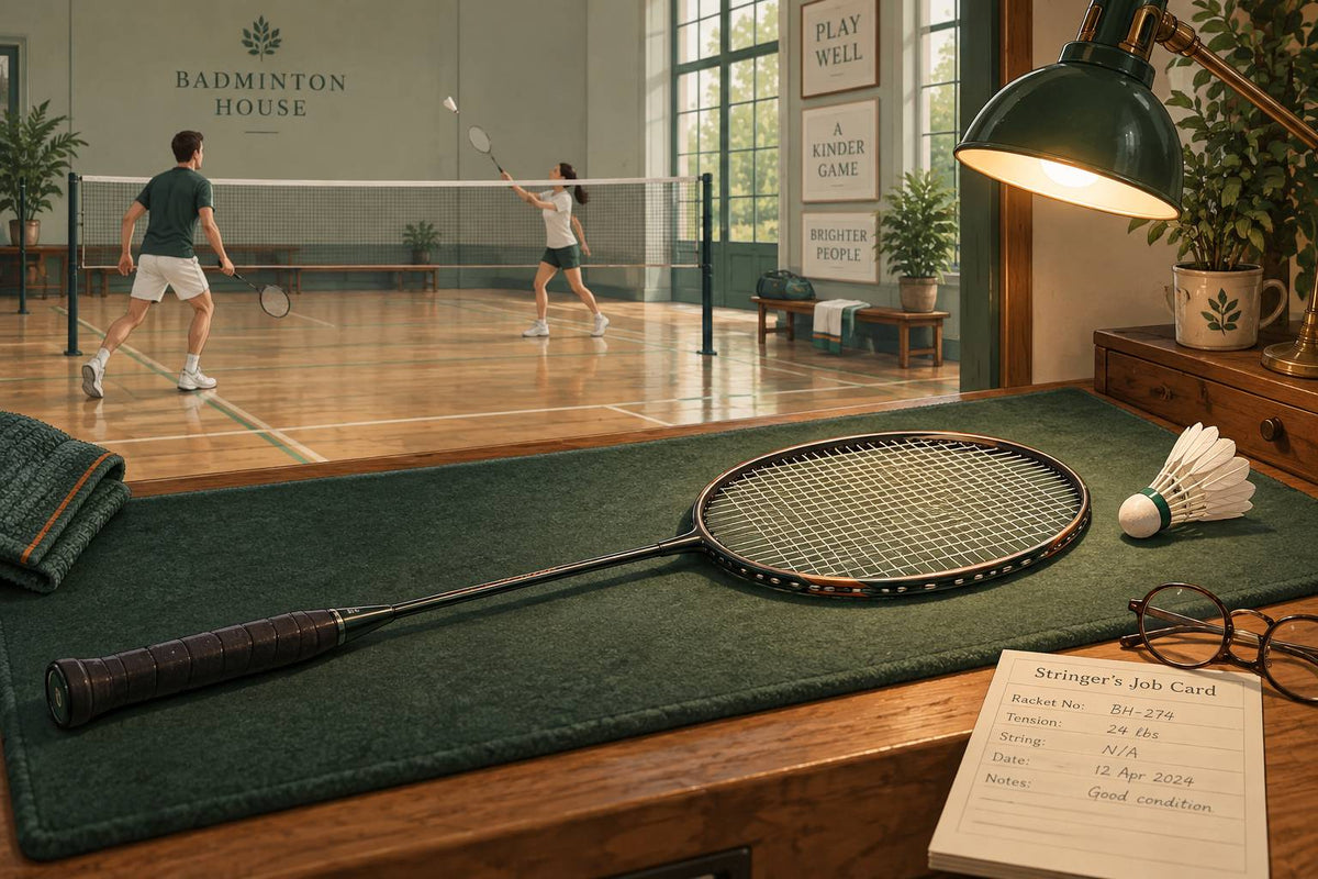A calm inspection after a restring checks the stringbed, tie-offs and frame before hard play.