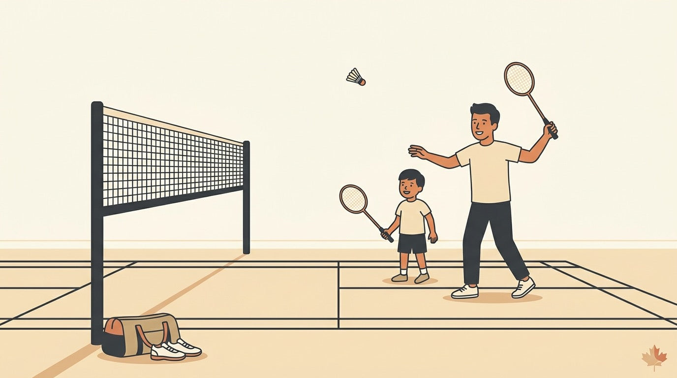 Junior badminton players practicing at a Canadian summer camp with a parent and camp gear nearby