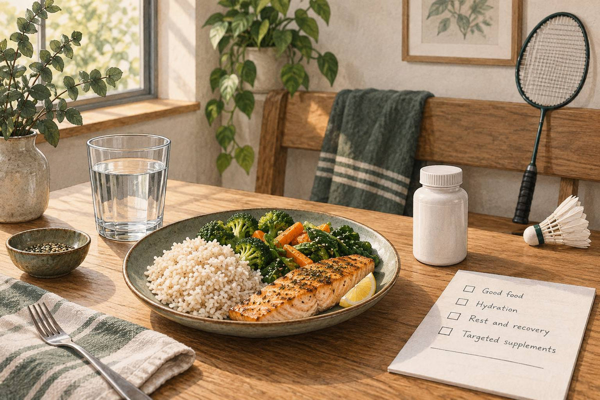 Aliments, eau, flacon de supplément sobre et équipement de badminton.