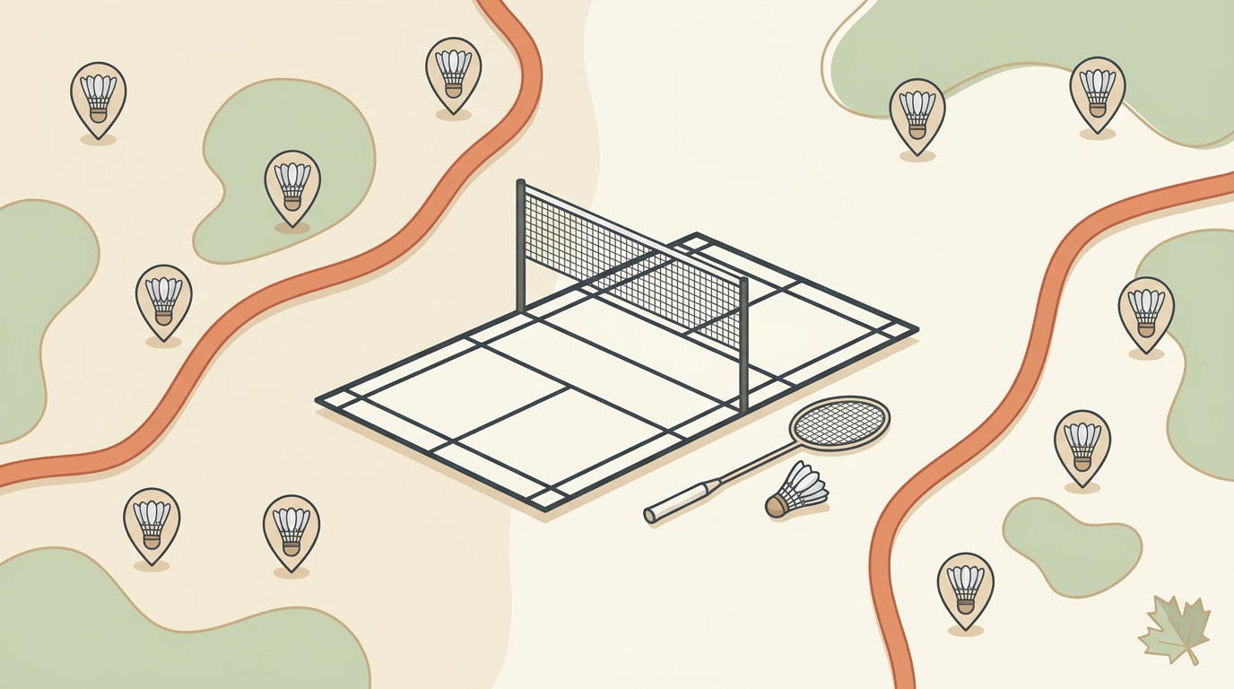 Flat-vector illustration of indoor badminton play in Surrey and Burnaby, in Badminton House's cream and orange editorial style