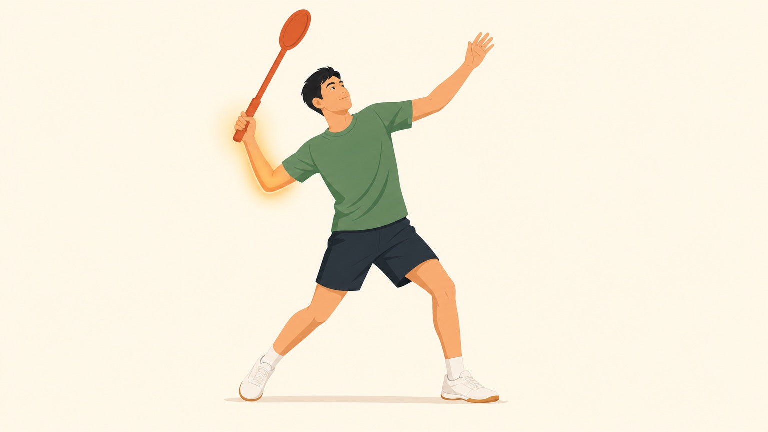 Flat vector illustration of a player swinging a thick, heavily weighted badminton training racket overhead, with a soft glow on the working forearm.