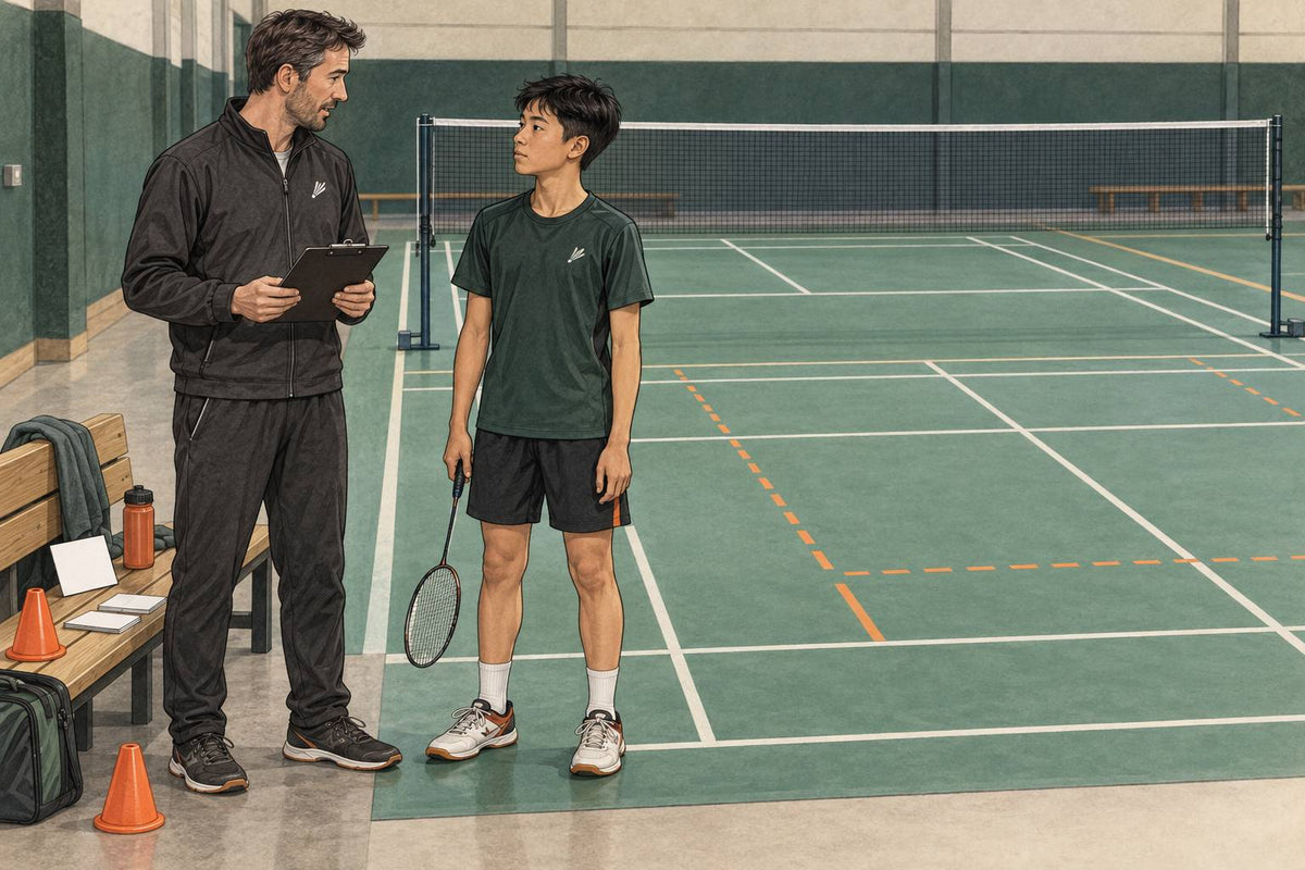 Editorial illustration of a coach and junior player reviewing a blank assessment clipboard.