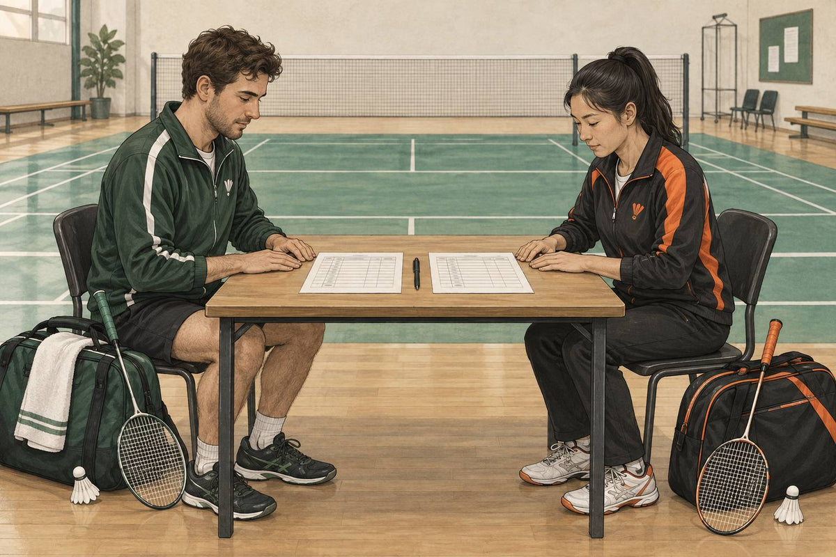 Editorial illustration of two badminton captains reviewing plain lineup forms at a court-side desk.
