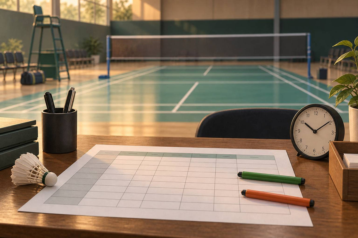 A control desk tracks player availability before calling the next team rubber onto an empty court.