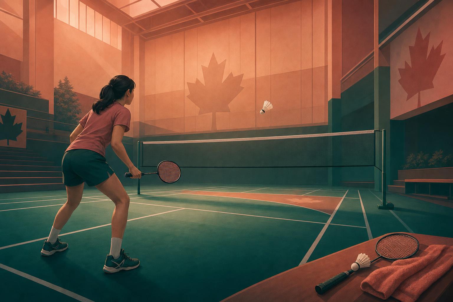 Illustrated Canadian indoor badminton court with a beginner player, racket, shuttlecock, net, and court lines