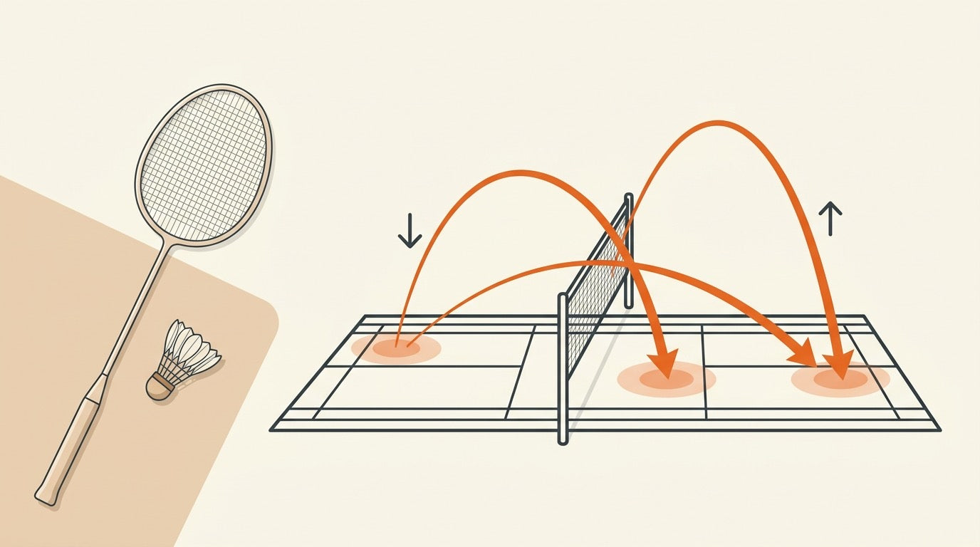 Illustrated Canadian indoor badminton court with a beginner player, racket, shuttlecock, net, and court lines