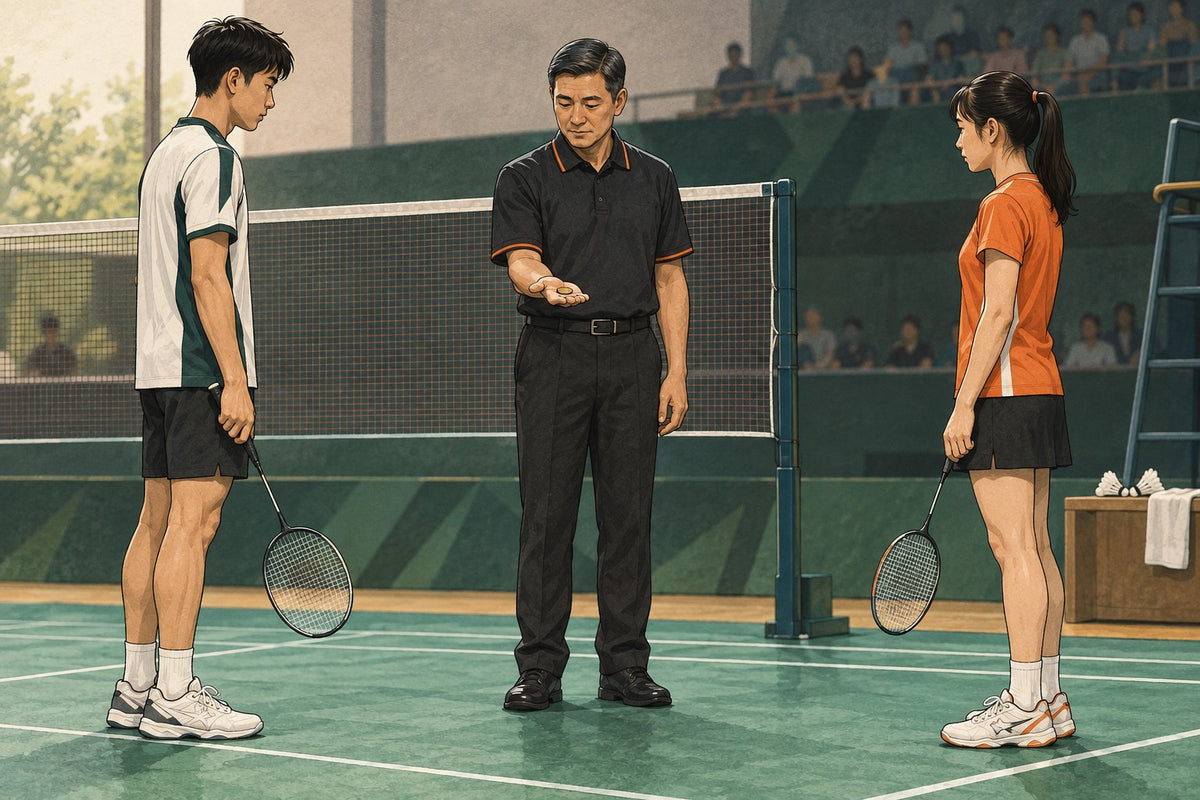 Players meet at the net for a fair toss before choosing service or the starting end.