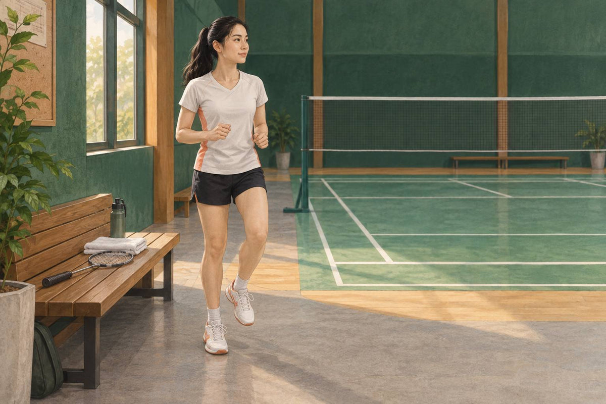 A player uses light movement in the waiting area before returning to the tournament court.